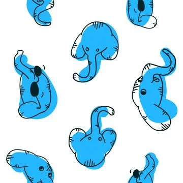 Elephants seamless pattern in different situations in cartoon outline flat .. Stock Illustration