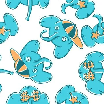 Elephants seamless pattern in different situations in cartoon flat style Stock Illustration
