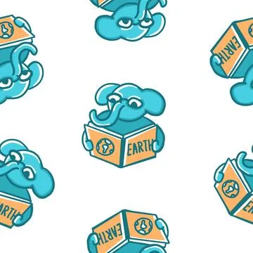 Elephants seamless pattern in different situations in cartoon flat style Stock Illustration