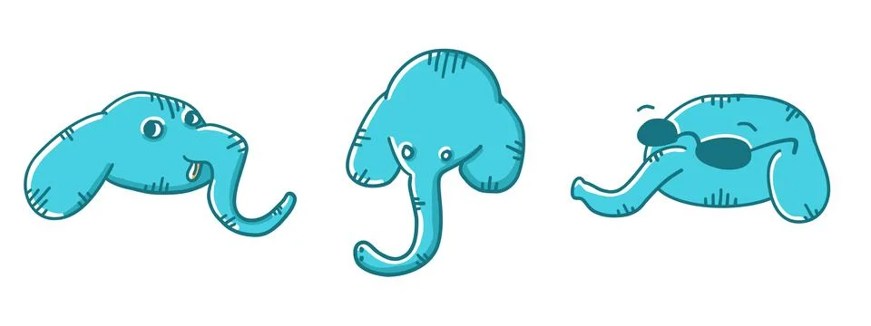 Elephants set with different faces in cartoon flat style Stock Illustration