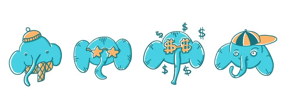 Elephants set with different faces in cartoon flat style Stock Illustration