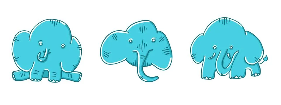 Elephants set with different faces in cartoon flat style Stock Illustration