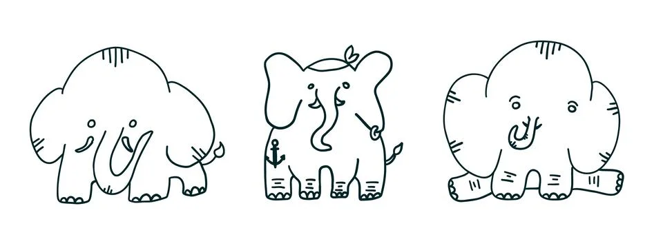 Elephants set with different faces in outline cartoon flat style Stock Illustration