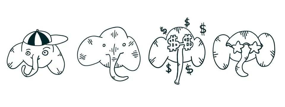 Elephants set with different faces in outline cartoon flat style Stock Illustration