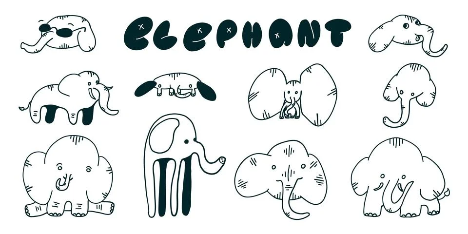 Elephants set in different situations in outline doodle flat style Stock Illustration