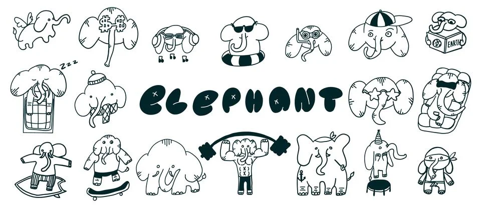 Elephants set in different situations in outline doodle flat style Stock Illustration