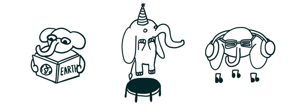 Elephants set in different situations in outline cartoon flat style Stock Illustration