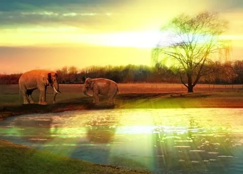 Elephants at watering hole Illustrazione stock