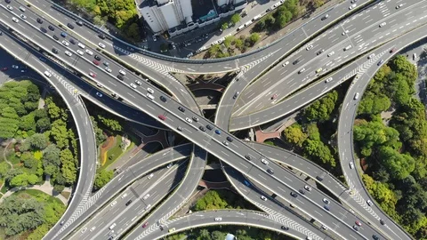 Elevated 5 Levels Road Junction, Crossroad and Vehicles in Shanghai Center. Stock Footage 88246522
