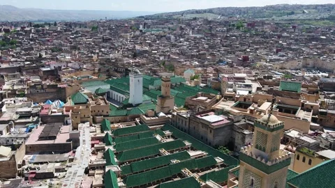 Elevated Aerial View of Historic Fez Medina and Green Tiled Roofs in Morocco Stock Footage 345266769