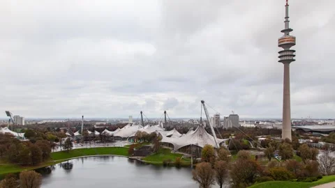 Elevated Autumnal Pace through Munich Olympic Park Scenery Stock Footage 291662351