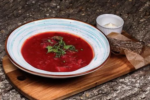 Elevated Borscht and Dark Bread 스톡 사진