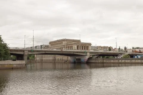 An elevated bridge over the Pregol river in the city of Kaliningrad, Russia. Stock Photos
