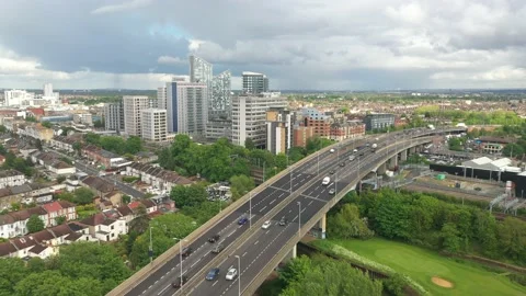Elevated busy multilane road in urban neighbourhood Stock Footage 156698488