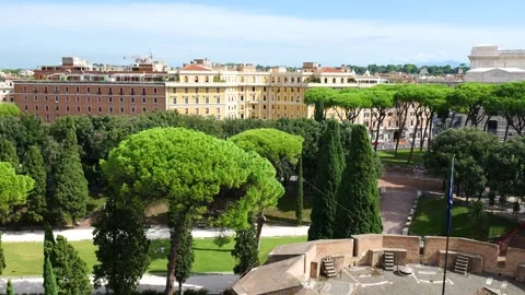 Elevated castel sant angelo overlooking rome gardens umbrella pines elegant Stockbeeldmateriaal 324920833