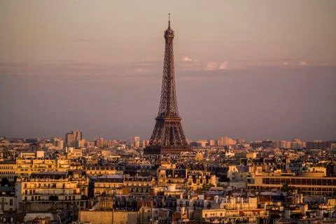 Elevated cityscape and Eiffel Tower at dusk, Paris, France Stock Photos