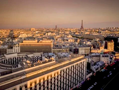 Elevated cityscape with distant Eiffel Tower, Paris, France 스톡 사진