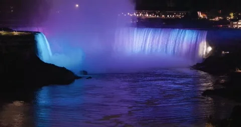 Elevated close-up view of illuminated Horseshoe falls at night Stock Footage 251289963