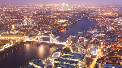 Elevated day to night timelapse of Tower Bridge London Stock Footage 104014317