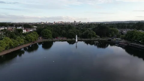 Elevated drone shot of Roath Park Lake in Cardiff South Wales Stock Footage 248626838