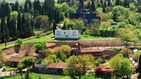 Elevated drone view of Shumi Vineyard in Georgia, featuring the wine estate Stock Footage 334580867