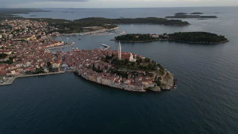 Elevated Dusk Orbit Over Rovinj Church in 4K Stock Footage 258369469