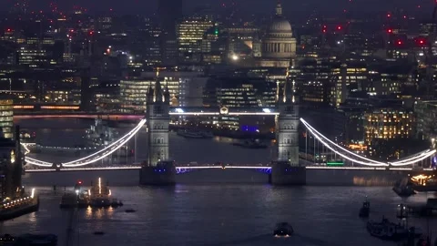 Elevated evening view of the illuminated Tower Bridge in London Stock-Footage 319026243