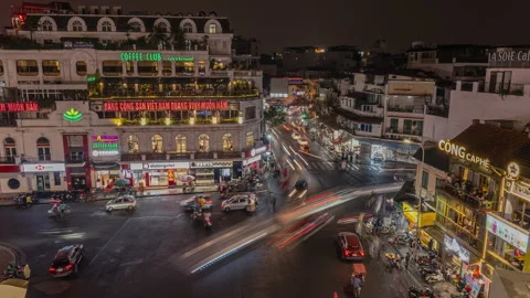 Elevated Hanoi Night Traffic Timelapse: Busy Intersection &amp; Neon Signs Stock Footage 334063785