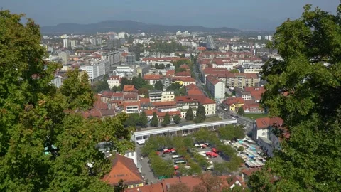 Elevated, high angle view of beautiful medieval city Ljubljana Stock Footage 228650281