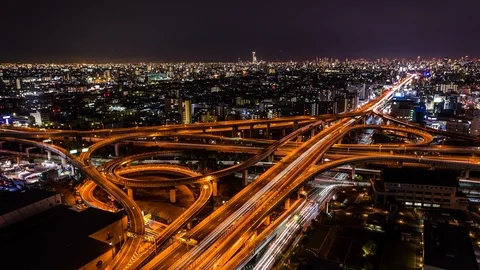 Elevated highway intersection in Osaka time lapse at night Stock Footage 119055886