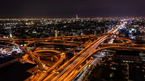 Elevated highway intersection in Osaka time lapse at night Vídeo Stock 119055942