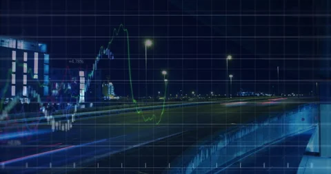 Elevated highway streaming light trails beneath financial candlestick chart Stock Footage 308603599