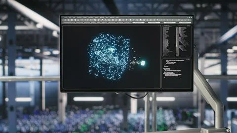 Elevated industrial data center control station screen monitoring AI servers Stock Photos