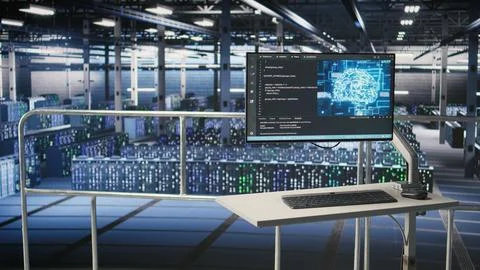 Elevated industrial data center control station screen monitoring AI servers Stock-Fotos