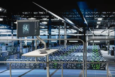 Elevated industrial data center control station screen showing analytics 스톡 사진