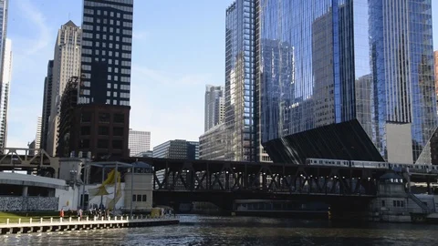 Elevated -L- Train Subway Crossing Chicago River on Lake Street Stock Footage 116451416