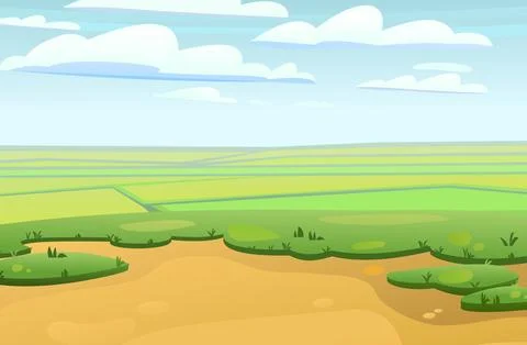 Elevated location. Overview of plain with fields. Scenery Landscape. Fun cartoon Stock Illustration