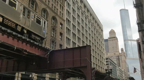 Elevated Metro in Chicago Loop Financial District Stock Footage 63890604