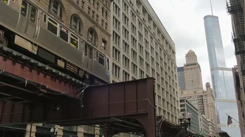 Elevated Metro in Chicago Loop Financial District Stock Footage 80539361