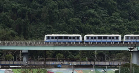 Elevated metro train traveling on overpass bridge against lush green hill forest Vídeo Stock 341100047