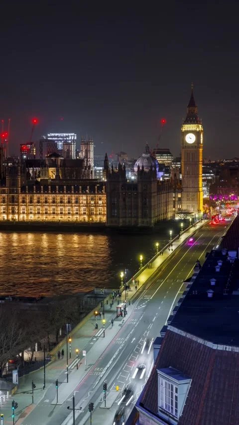 Elevated night time lapse view of the Westminster Bridge in London Video stock 321143852