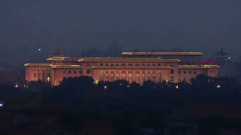 Elevated Night View of the Great Hall of People Stock Footage 38593748
