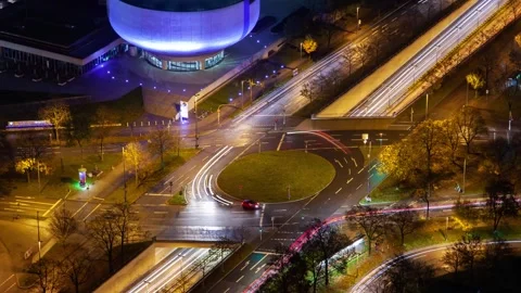 Elevated Night View: Munich's Roundabouts and Roads Stock Footage 281407825