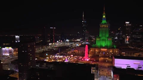 Elevated night view of warsaw's bustling city center, featuring the illuminated 動画素材 331188740