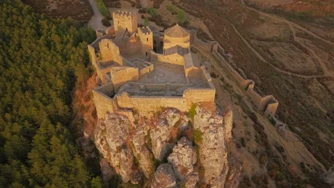 Elevated oblique drone orbit around Loarre Castle in Huesca Spain Stock Footage 345094394