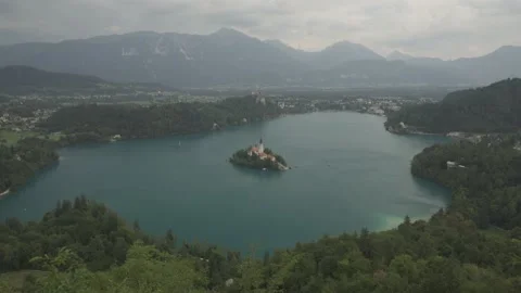 Elevated Panoramic View of Lake Bled and Bled Island, Slovenia Stock Footage 159614514