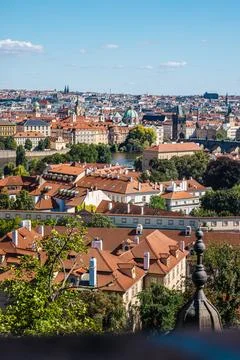 Elevated Panoramic View of Prague Rooftops and River Stock Photos