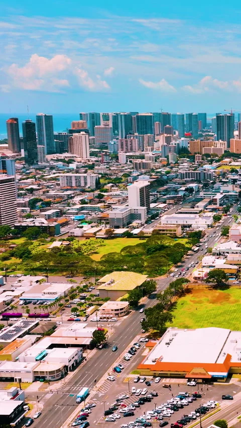 Elevated perspective of downtown skyline and ocean, Honolulu, Hawaii. Vertical Stock Footage 342272916