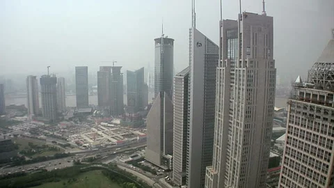 Elevated Perspective of the High-Rise Financial District Stock Footage 327886090