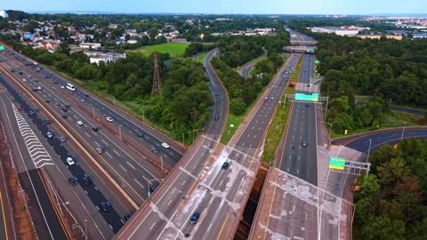 Elevated perspective of highway lane split and signs, New Jersey. View showing Видео 343576997